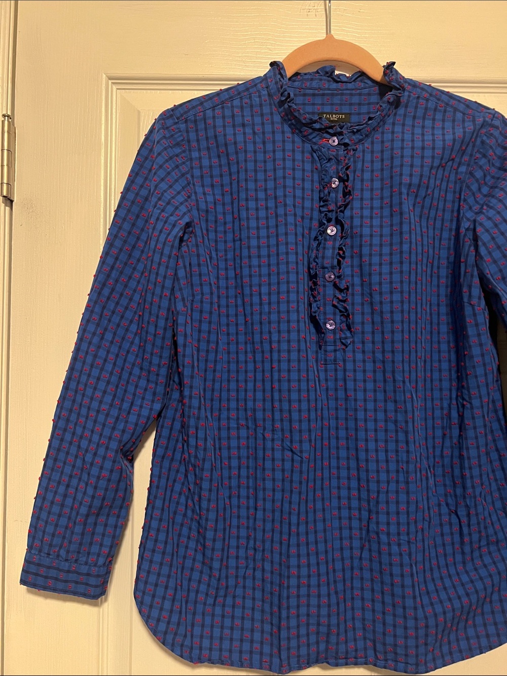 Talbots Navy and Red Checked Ruffle Henley - Picture 2 of 10